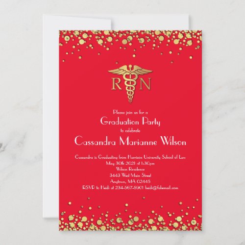 Nurse Nursing School Graduation Party Red Gold Invitation