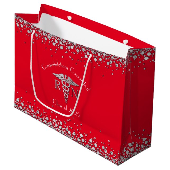 Nurse Nursing School Graduation Party Red Silver Large Gift Bag (Front Angled)