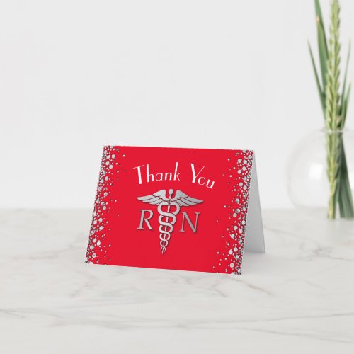 Nurse Nursing School Graduation Party Red Silver Thank You Card