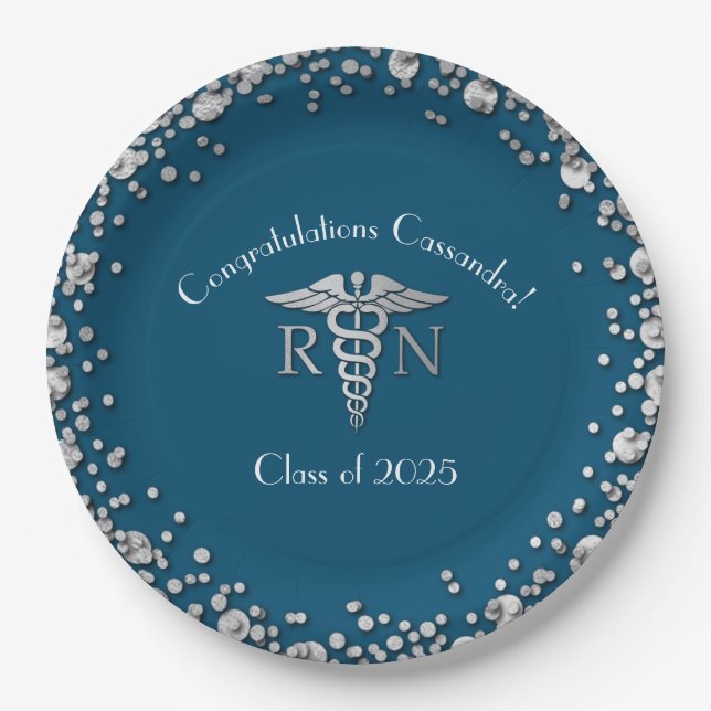 Nurse Nursing School Graduation Party Silver Blue Paper Plates (Front)