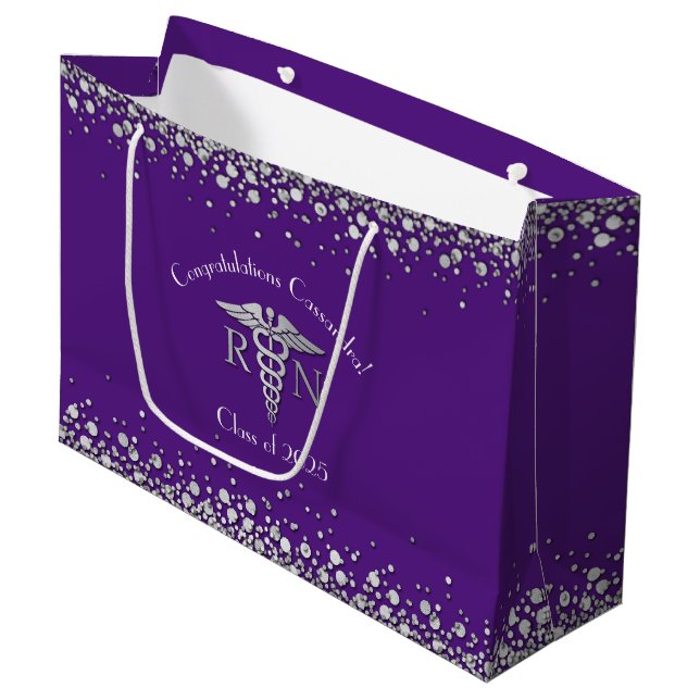 Nurse Nursing School Graduation Purple Silver Large Gift Bag (Front Angled)