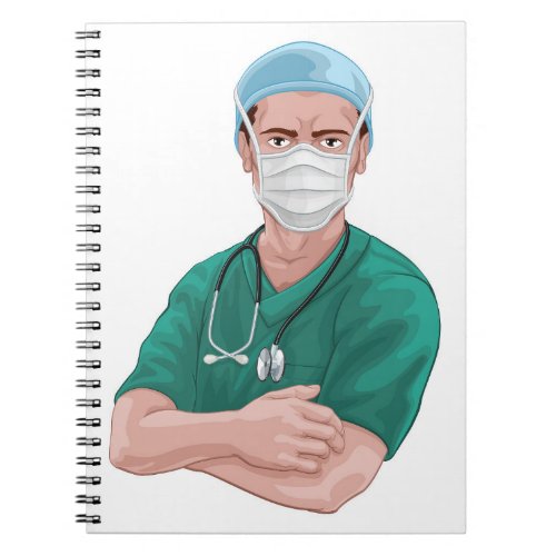 Nurse or Doctor In Scrubs and Surgical Mask PPE Notebook