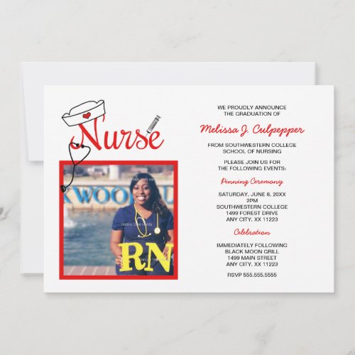 Nurse photo graduation pinning celebration  red invitation