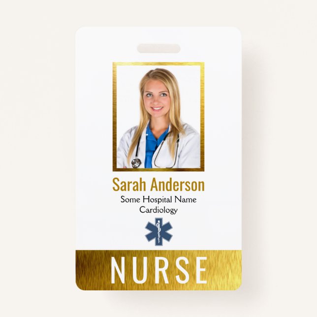 Nurse Photo Logo Barcode Faux Gold Elegant Classic Badge (Front)