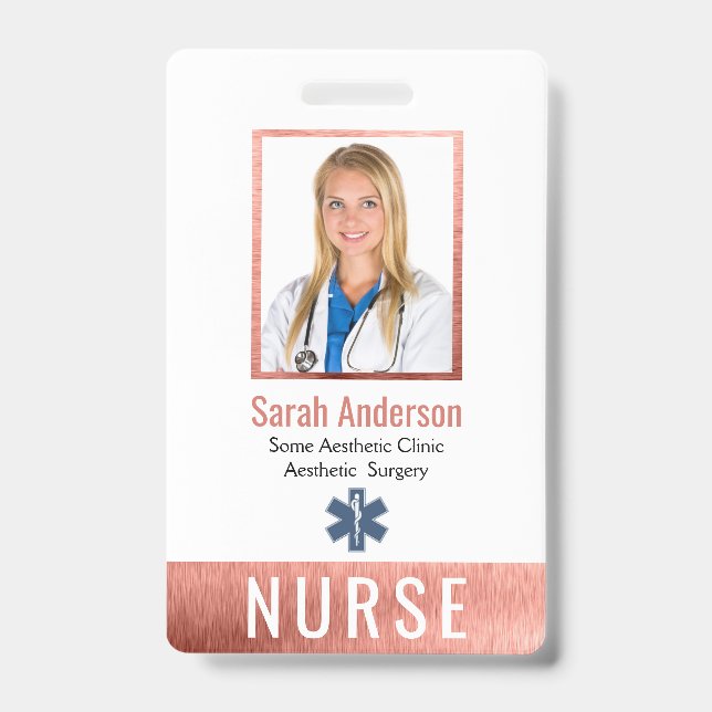 Nurse Photo Logo Barcode Rose Gold Pink Classic Badge (Front)