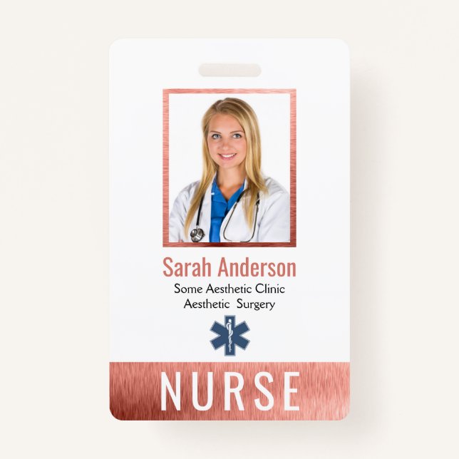 Nurse Photo Logo Barcode Rose Gold Pink Classic Badge (Front)