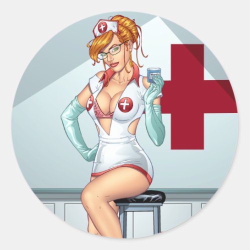 Nurse Pin_up Art Red Head Art by Al Rio Classic Round Sticker