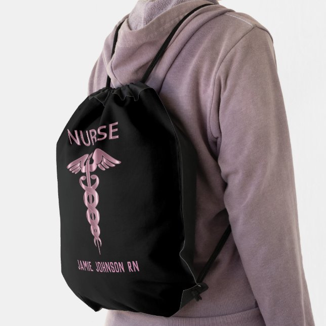 Nurse - Pink and Black Drawstring Bag (Insitu)