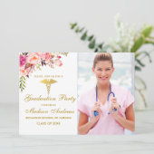 Nurse Pink Floral Grad Party Invite Gold (Standing Front)