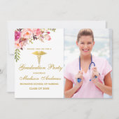 Nurse Pink Floral Grad Party Invite Gold (Front)