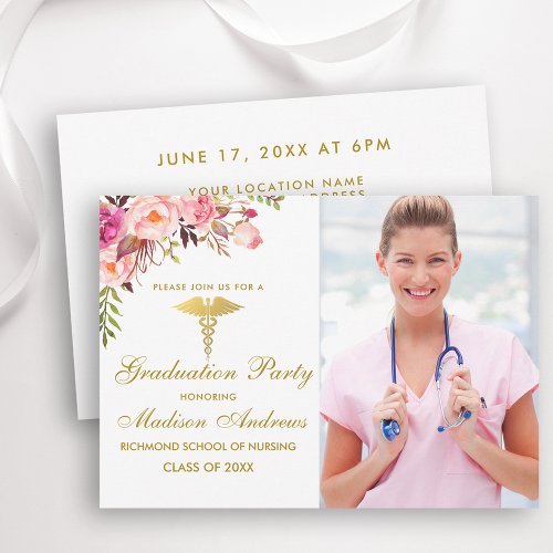 Nurse Pink Floral Grad Party Invite Gold