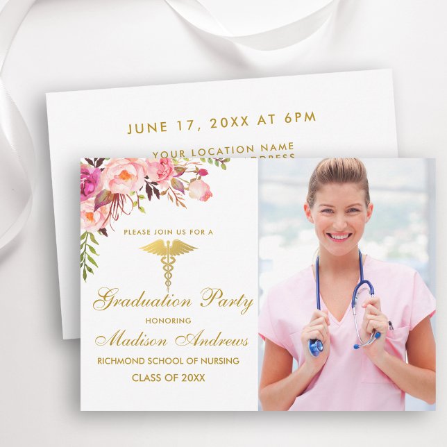Nurse Pink Floral Grad Party Invite Gold
