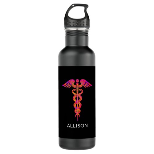 Nurse Pink Purple Yellow Black Caduceus Name Stainless Steel Water Bottle