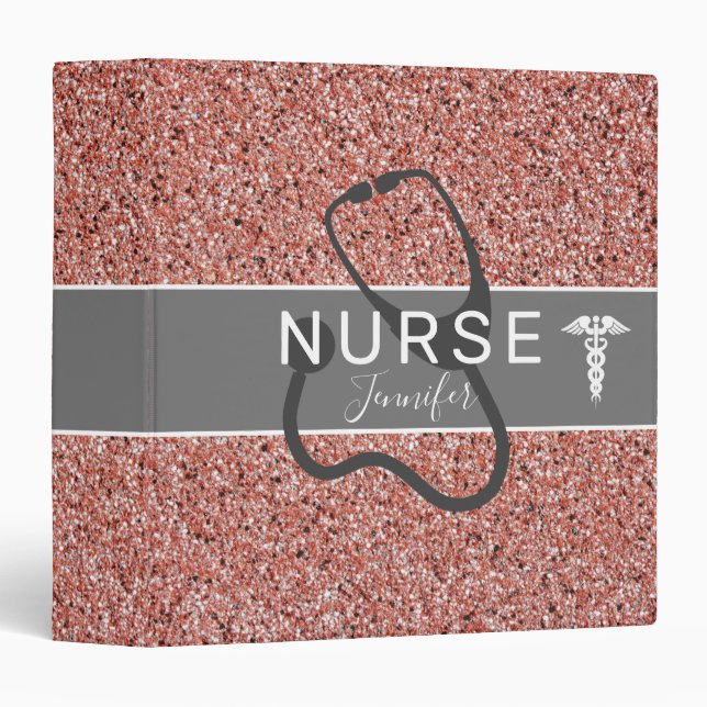 Nurse Pink Rose Gold Glitter Medical Personalized 3 Ring Binder (Front/Spine)