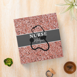 Nurse Pink Rose Gold Glitter Personalized 3 Ring Binder