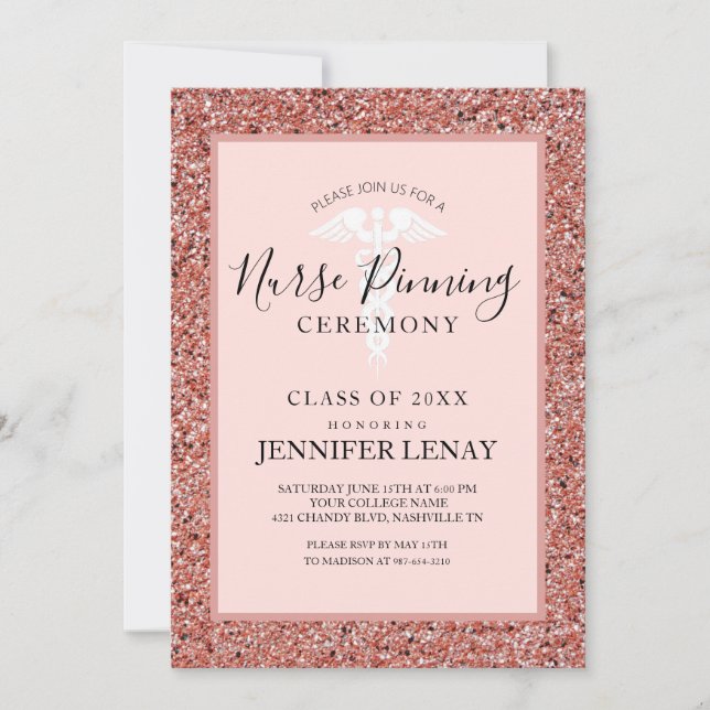 Nurse Pinning Ceremony Rose Gold Glitter Caduceus Invitation (Front)