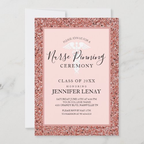 Nurse Pinning Ceremony Rose Gold Glitter Caduceus Invitation