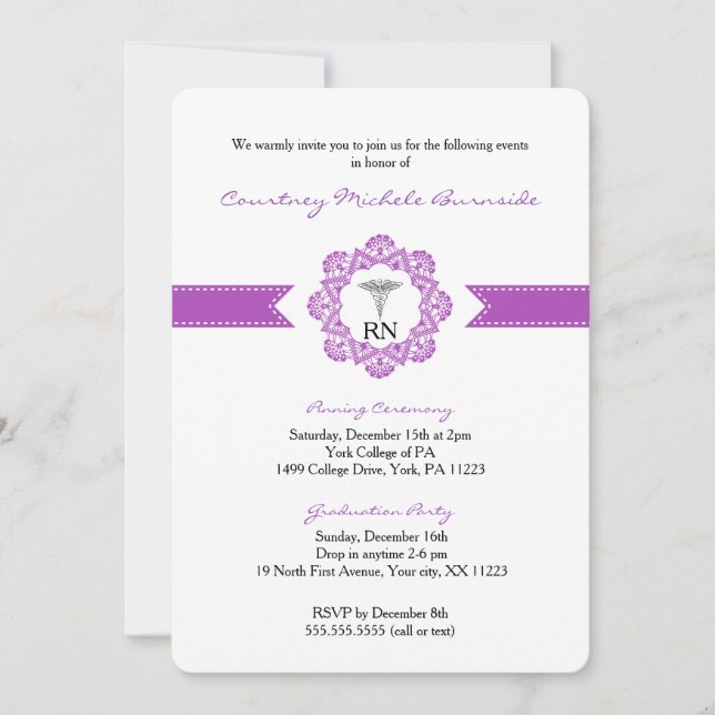 Nurse pinning or graduation party RN BSN purple Invitation (Front)