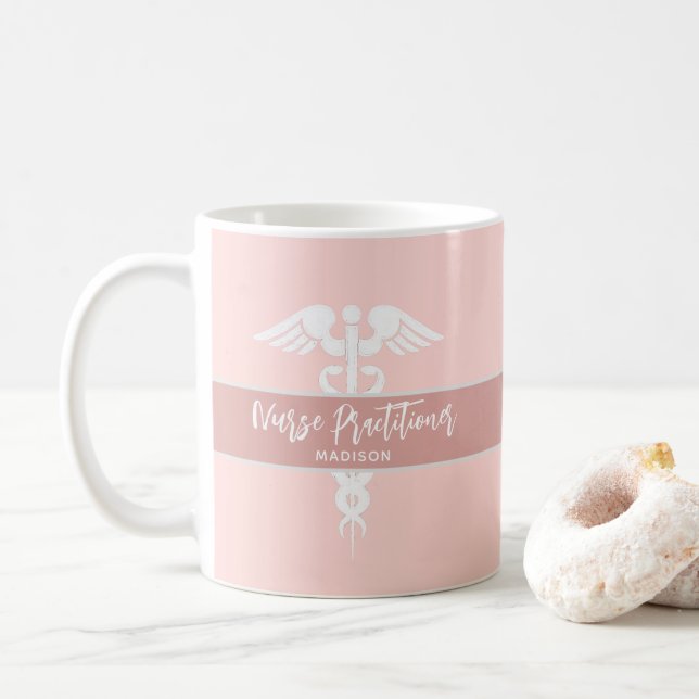 Nurse Practitioner Blush Pink White Personalized Coffee Mug (With Donut)