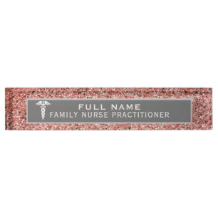 Nurse Practitioner Caduceus Rose Gold Glitter Desk Name Plate