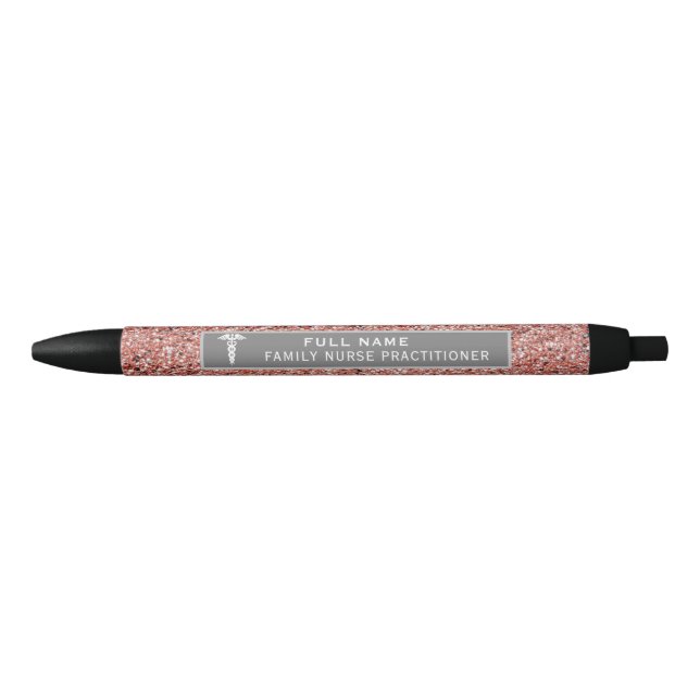 Nurse Practitioner Caduceus Rose Gold Pink Glitter Pen (Front)