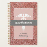 Nurse Practitioner Graduation Rose Gold Glitter Planner<br><div class="desc">Get organized with this Nurse Practitioner Graduation Rose Gold Glitter Planner. It is designed with a modern pink rose gold faux glitter background with blush pink rectangle frame and grey horizontal stripe on the center. The text is "nurse practitioner" in white calligraphy script lettering and "planner" is on lower front...</div>