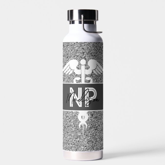 Nurse Practitioner Graduation Silver Personalized  Water Bottle (Left)