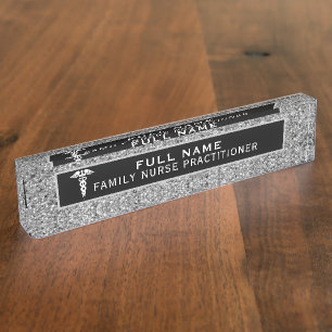 Nurse Practitioner Medical Black Silver Glitter Desk Name Plate