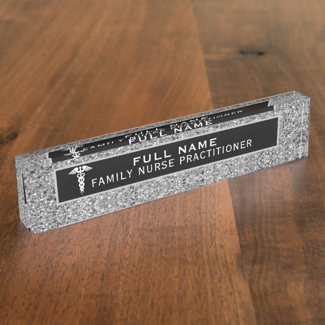 Nurse Practitioner Medical Black Silver Glitter Desk Name Plate (Side)