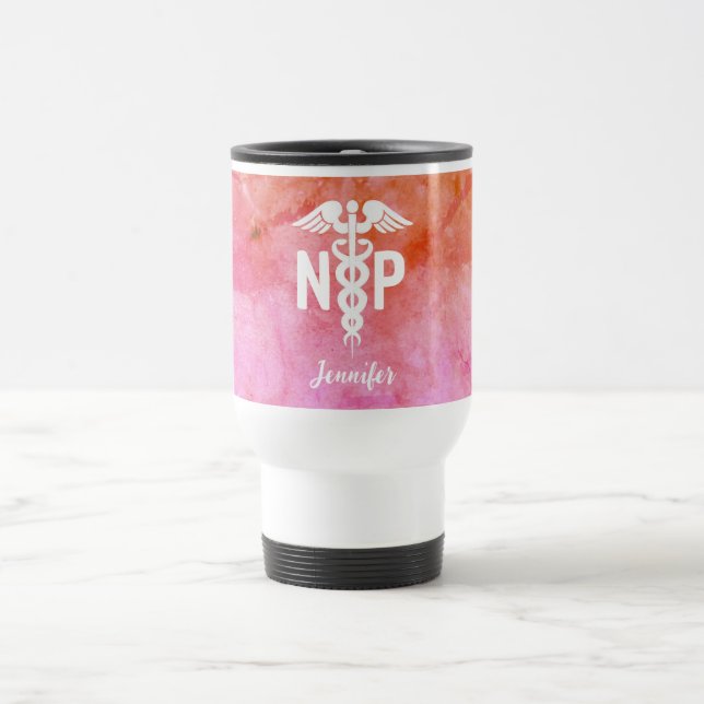 Nurse Practitioner NP Pink Orange Personalized Travel Mug (Center)