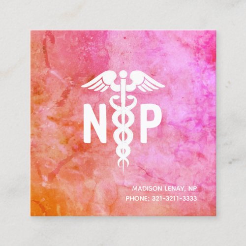 Nurse Practitioner Pink Orange Watercolor Medical  Square Business Card