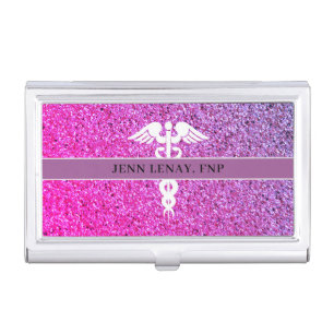 Nurse Practitioner Purple Pink Glitter Monogram Business Card Case