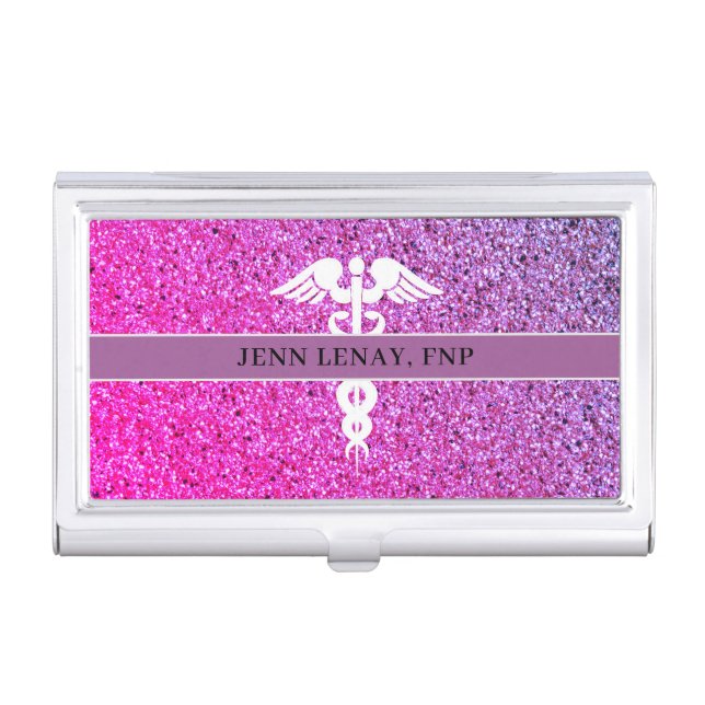 Nurse Practitioner Purple Pink Glitter Monogram Business Card Case (Front)