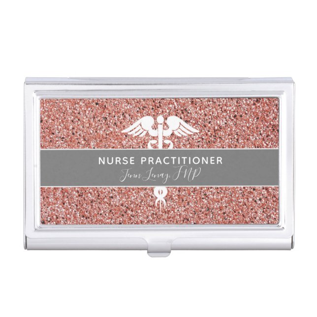 Nurse Practitioner Rose Gold Glitter Personalized Business Card Case (Front)