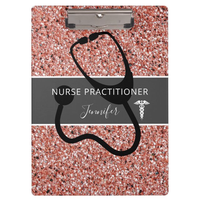 Nurse Practitioner Rose Gold Glitter Personalized Clipboard (Front)
