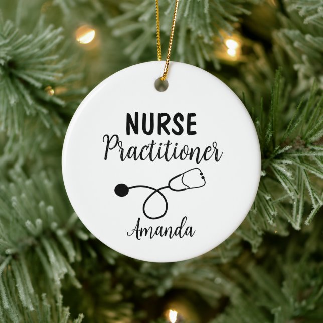 Nurse Practitioner Stethoscope Script Calligraphy Ceramic Ornament (Tree)