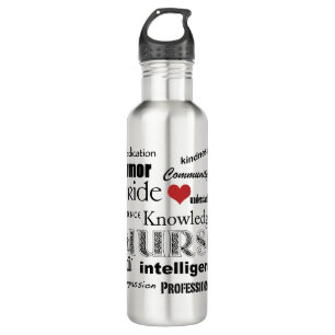 Nurse Pride-Attributes/Black Text+Red Heart Water Bottle