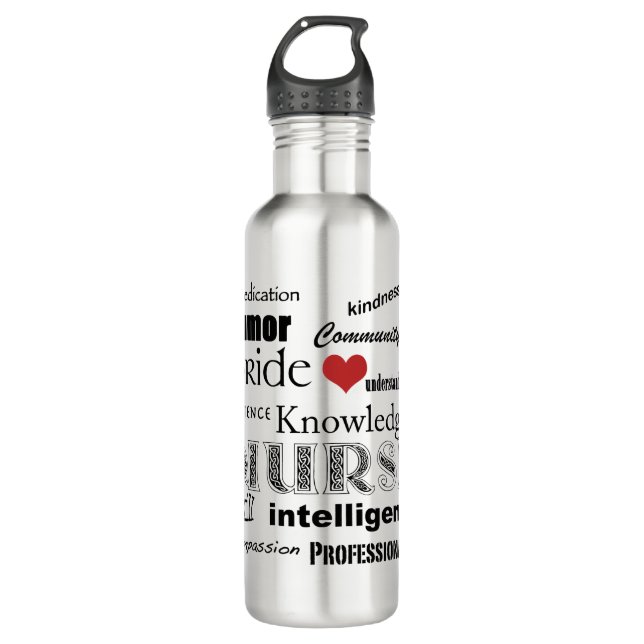 Nurse Pride-Attributes/Black Text+Red Heart Water Bottle (Front)