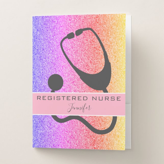 Nurse Rainbow Glitter Stethoscope Personalized Pocket Folder (Front)