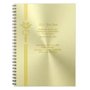 Nurse record keeping with golden caduceus notebook