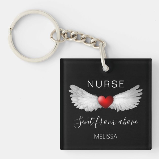 Nurse Red Heart Angel Wings Personalized Name  Keychain (Front)
