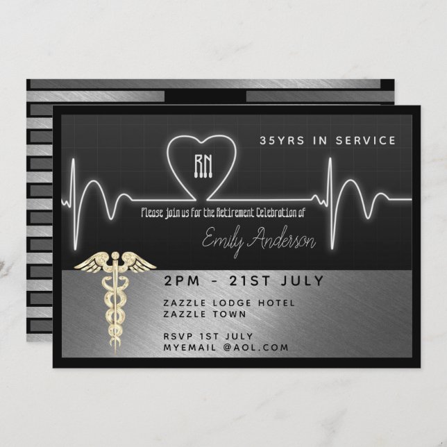 Nurse Retirement Invitation -Silver Black Metallic (Front/Back)