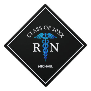 Nurse RN Black Blue Medical Caduceus Name Graduation Cap Topper