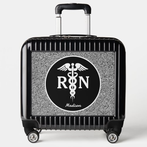 Nurse RN Black Silver Glitter Caduceus Custom Luggage
