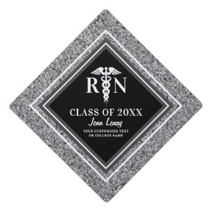 Nurse RN Black Silver Glitter Personalized Graduation Cap Topper