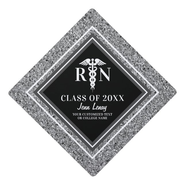 Nurse RN Black Silver Glitter Personalized Graduation Cap Topper (Front)
