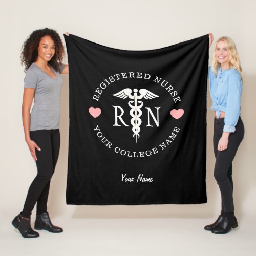 Nurse RN Black White Caduceus Graduation Monogram Fleece Blanket