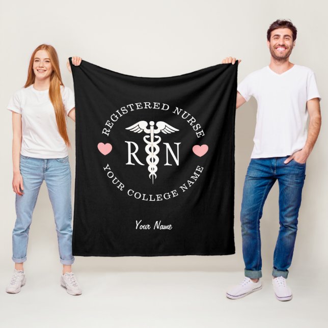 Nurse RN Black White Caduceus Graduation Monogram Fleece Blanket (In Situ)