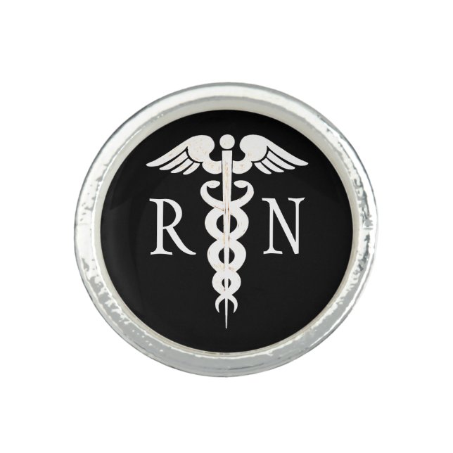 Nurse RN Black White Caduceus Ring (Front)