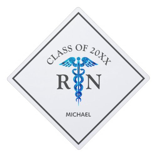 Nurse RN Blue Medical Caduceus Name Graduation Cap Topper